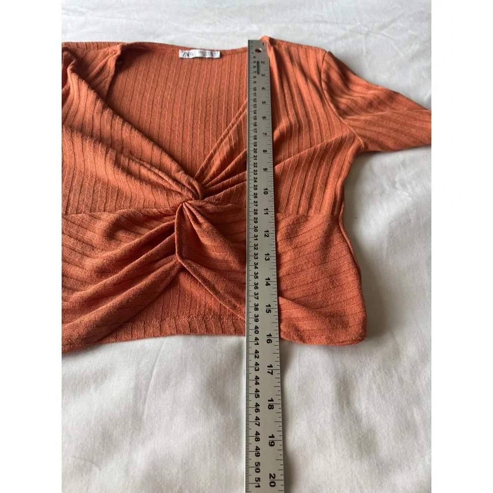 Zara Ribbed Twist Front Crop Top Small Burnt Orange Short Sleeve Boho Indie Chic - Picture 7 of 9